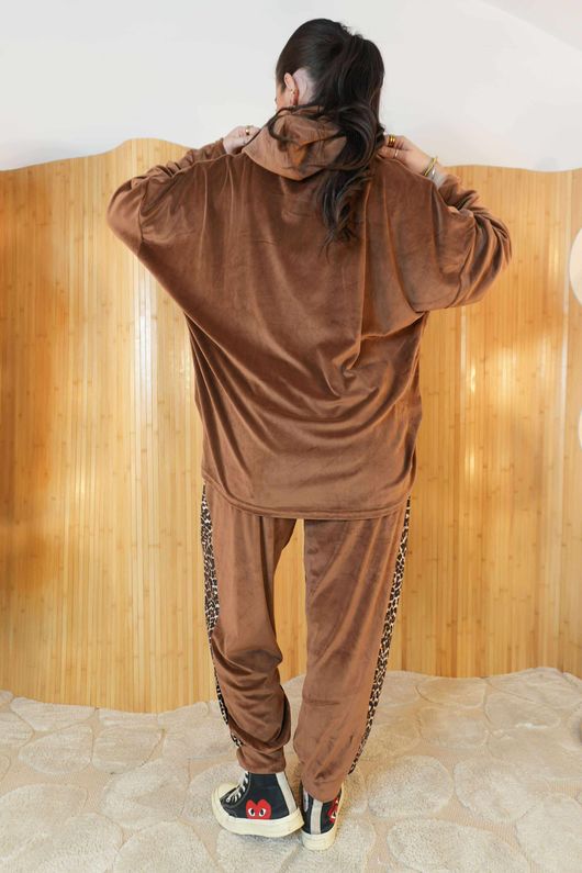 Binky Leopard Soft Stretch Velour Hoodie Lounge Suit Copper